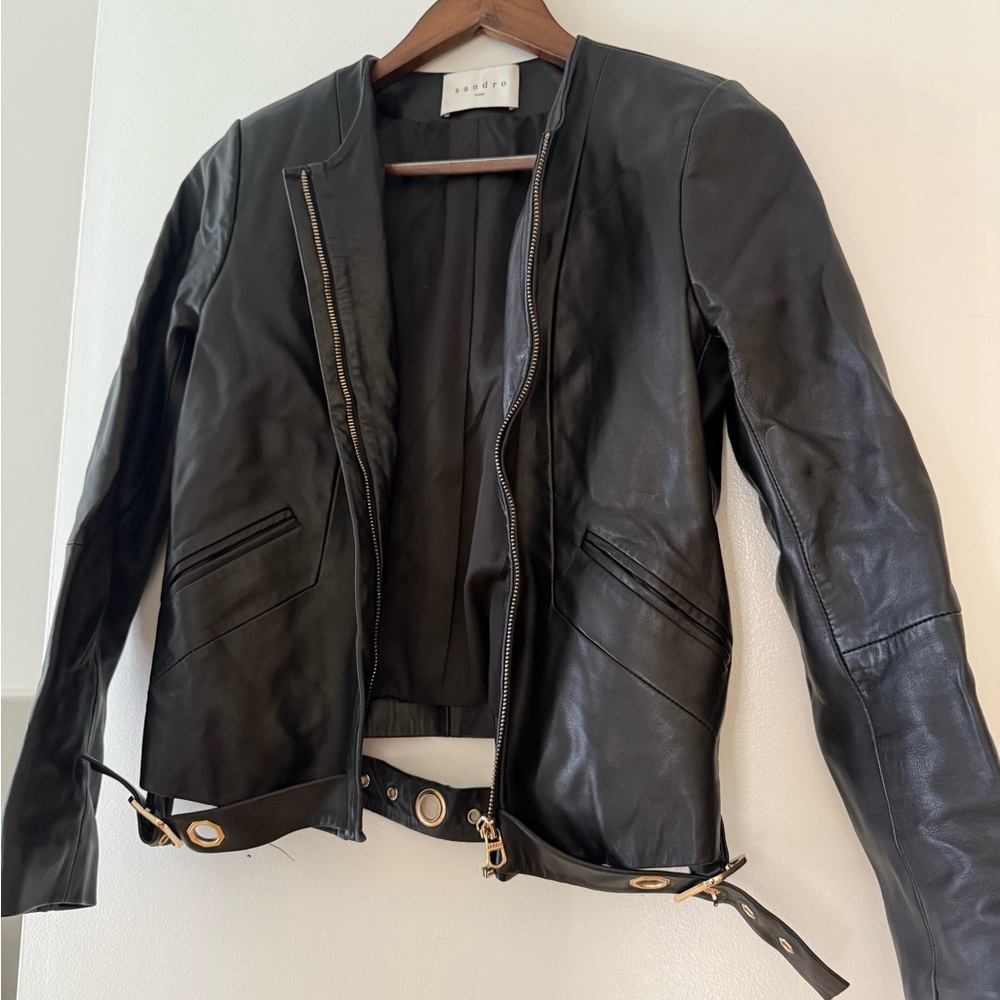 Sandro Black Leather Jacket with Gold Accents